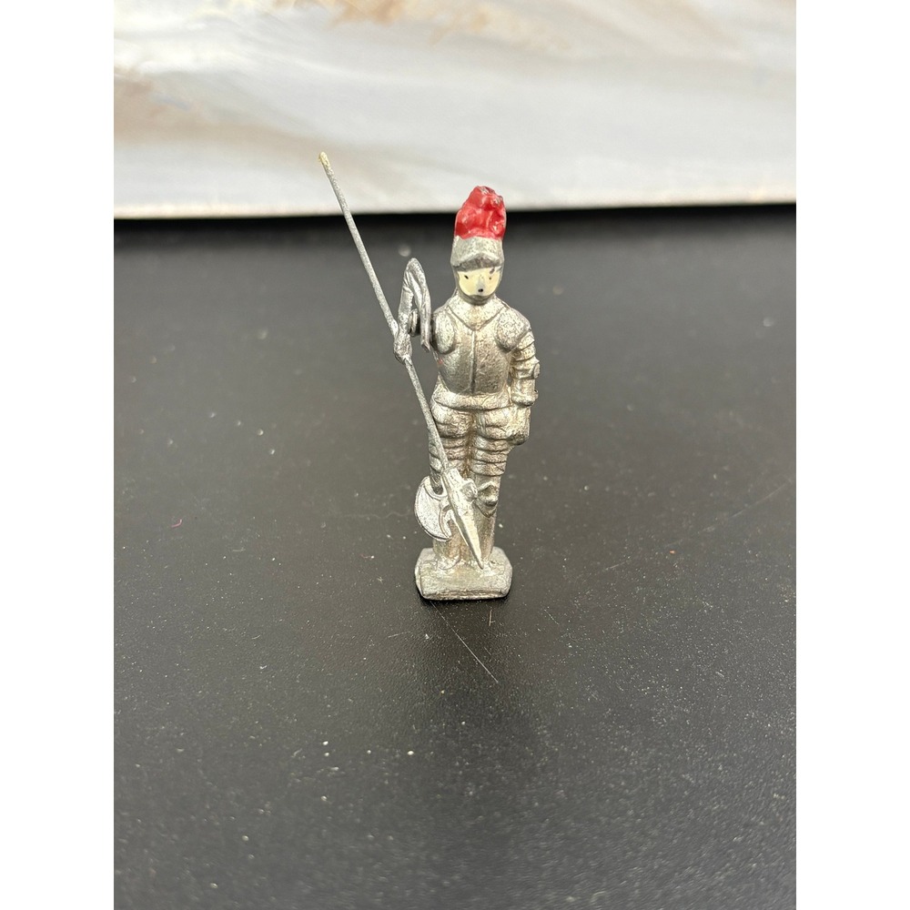 Vintage Japan Miniature Knight Figurine Pewter Lead Armor Red Plume Halberd